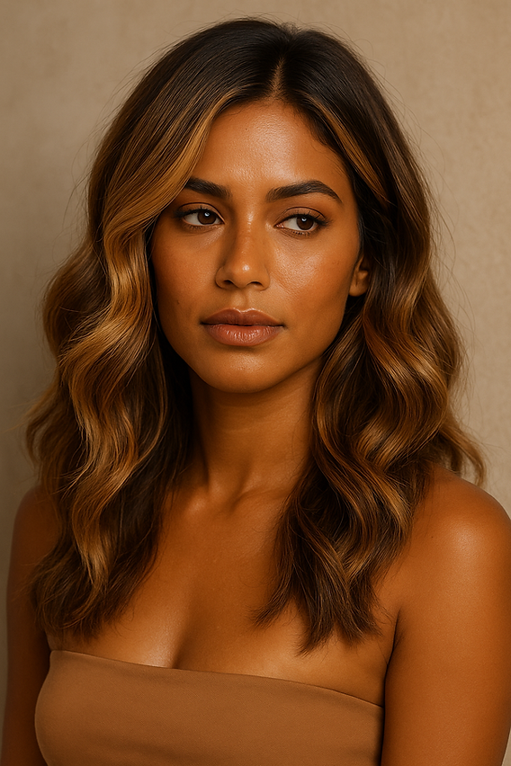 Warm Caramel Brown With Blonde Balayage Warm Caramel Brown With Blonde Balayage β Winter Hair Colors for Olive Skin