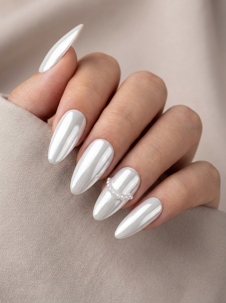 Pearls On Accent Nail Visual Idea Pearls On Accent Nail Visual Idea β Silver Chrome Nails