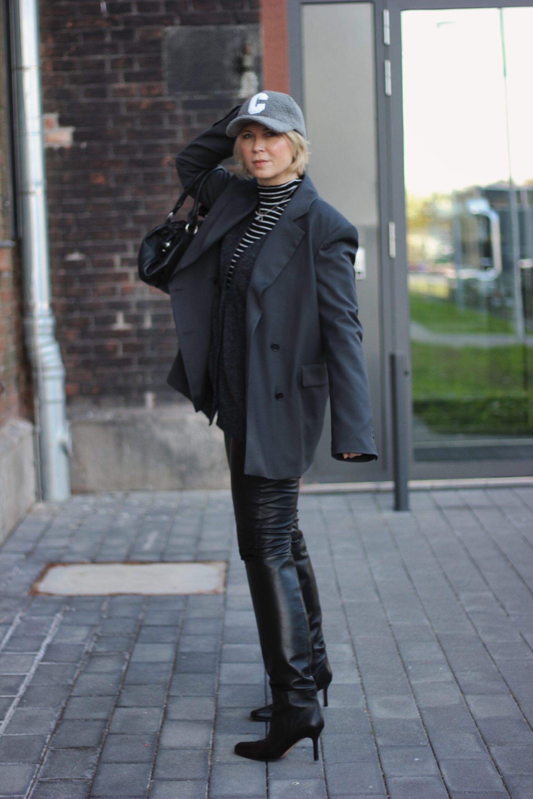 Black Leather Pants with Striped Turtleneck, Knit Sweater, and Charcoal Blazer — Leather Pants Outfits