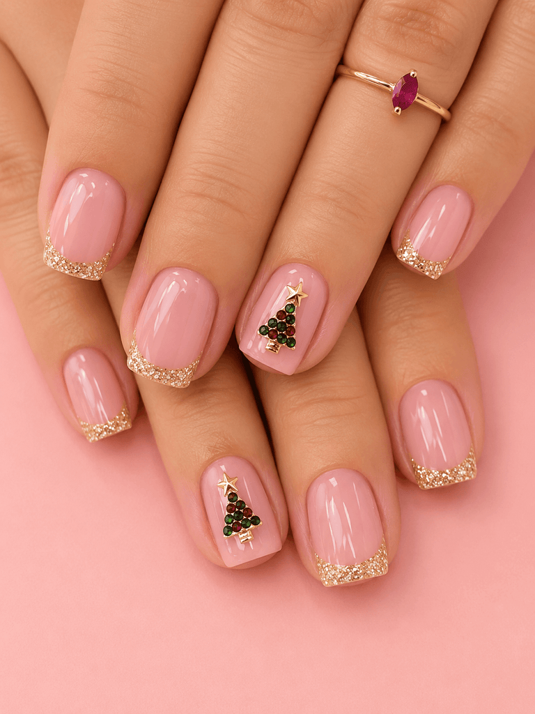 Sheer Pink French Tips with Gold Glitter Tree — Christmas Nails for Kids 2026