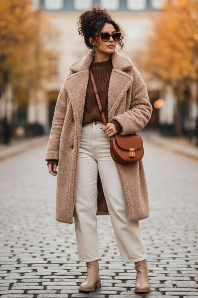 Cozy Beige Teddy Bear Coat with Jeans Cozy Beige Teddy Bear Coat with Jeans β Warm Winter Outfits