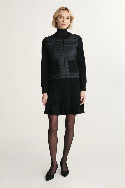 Quilted Knit Jacket with Pleated Skirt and Sheer Tights Quilted Knit Jacket with Pleated Skirt and Sheer Tights β Winter to Spring Transition Outfits