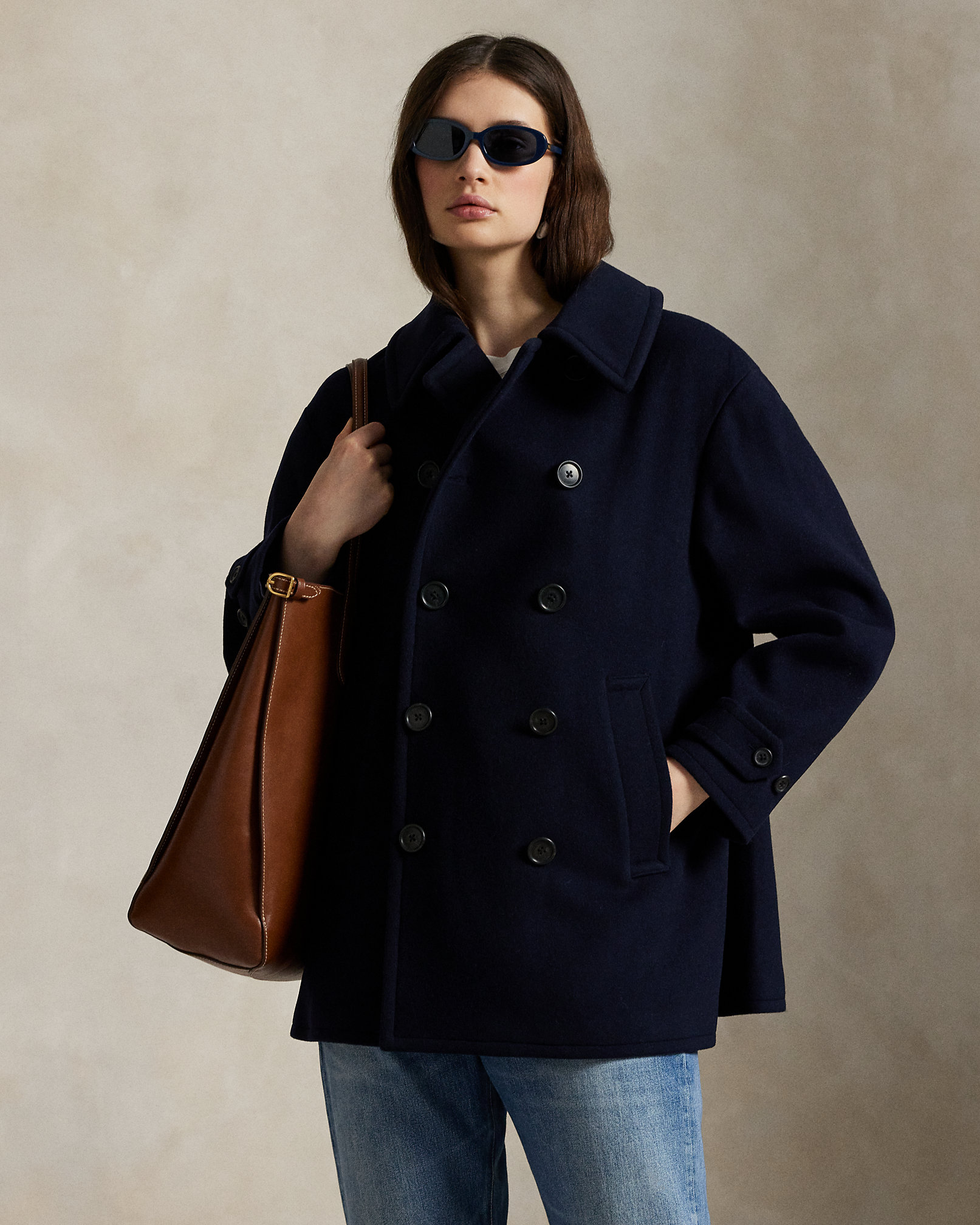 Classic Navy Wool Peacoat with T-Shirt and Jeans — Wool Coat Outfits