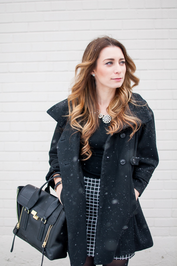 Elegant Black Coat with Patterned Skirt and Heels Elegant Black Coat with Patterned Skirt and Heels β Winter Outfits for Petite Women