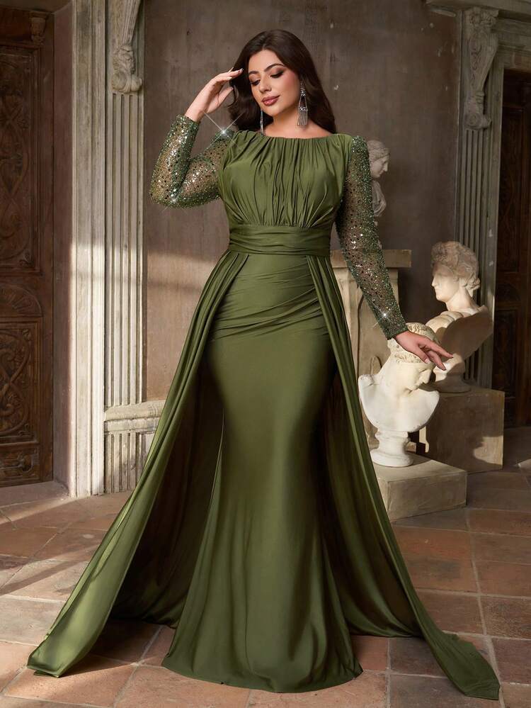 Olive Green Dress with Sequined Bodice and Draped Overlay — Winter Formal Dresses