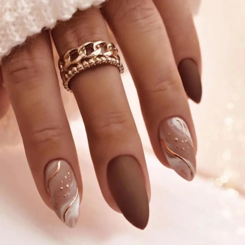 Chocolate Brown Swirls with Gold Foil Chocolate Brown Swirls with Gold Foil β Winter Matte Nails