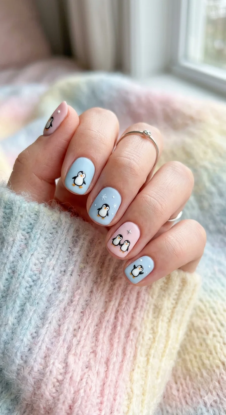 Light Pink Penguin Art — Simple Winter Nails
