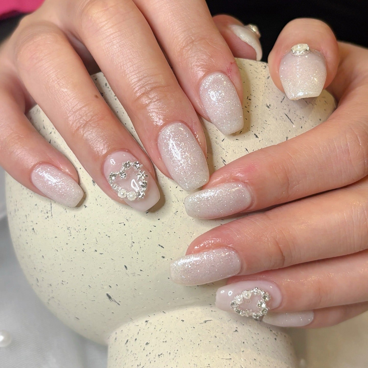 Shimmering White Heart Nails — Winter White Nails