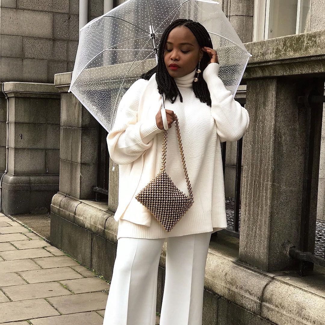 Fitted Turtleneck with Flowing White Wide-Leg Pants — Winter White Outfits