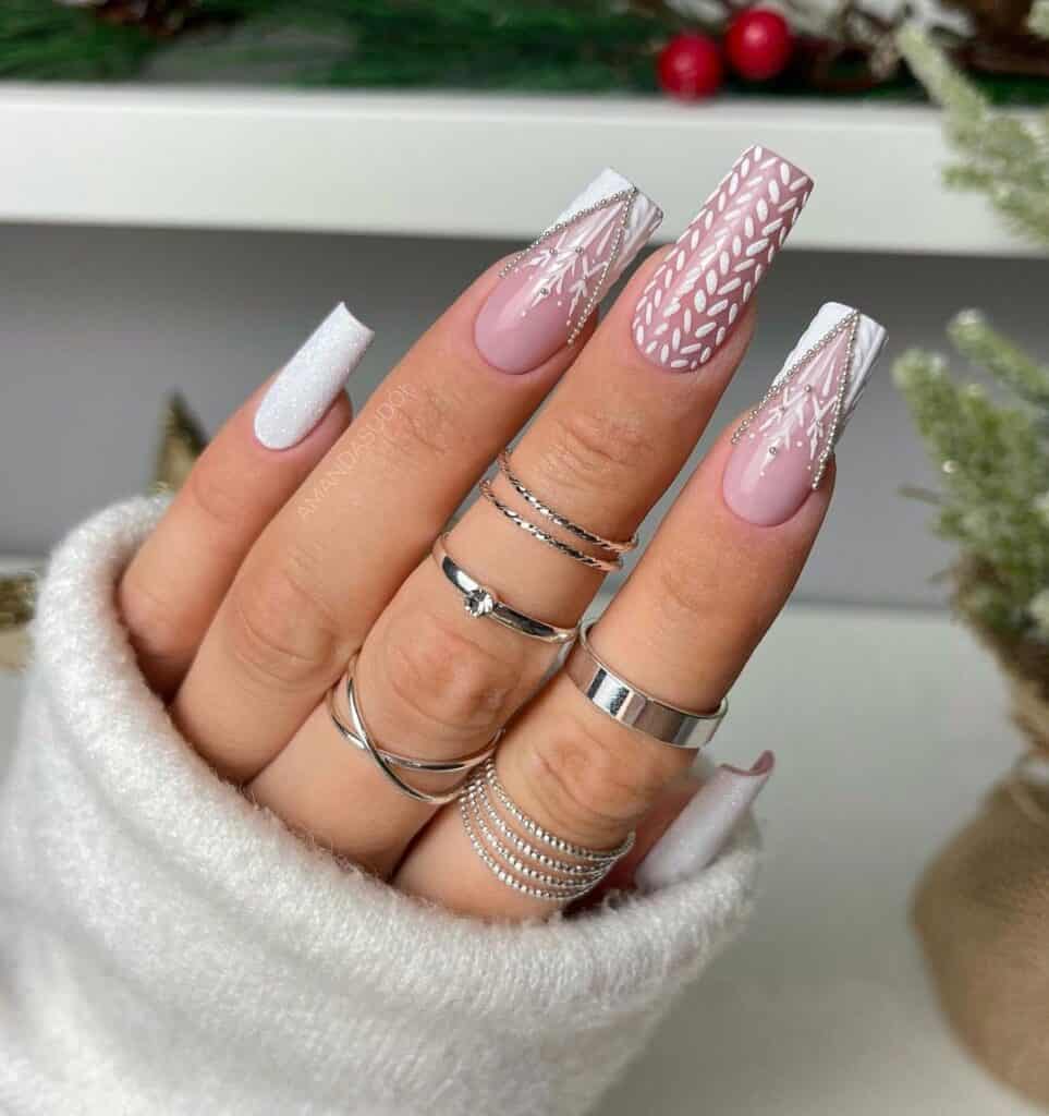 Pink White Cable Knit Coffin Nails — Winter Acrylic Nails
