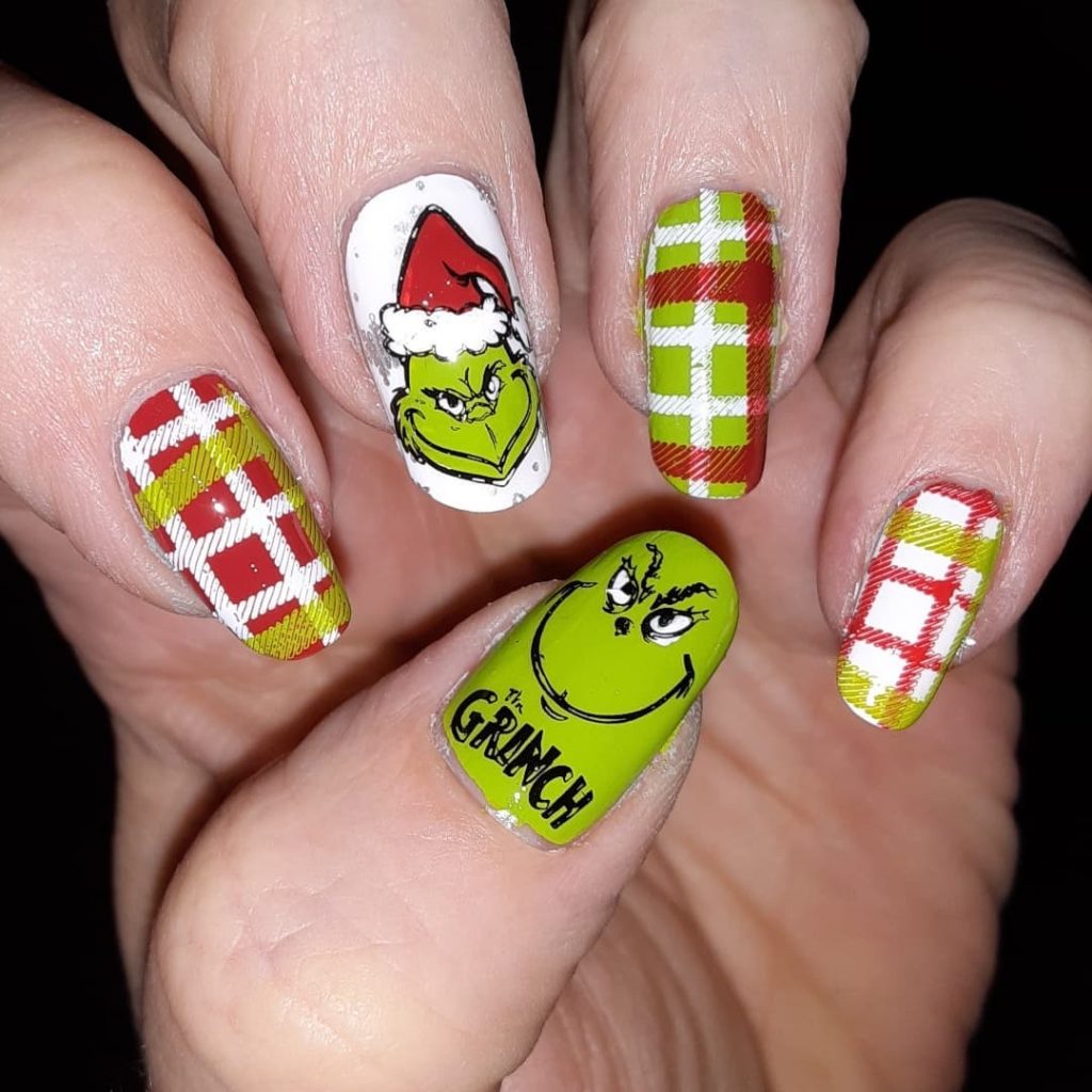 White Green Red Black Short Square Grinch Face With Plaid White Green Red Black Short Square Grinch Face With Plaid β Grinch Nails 2026