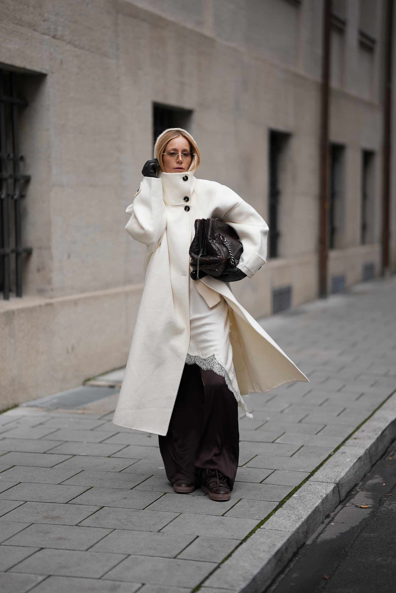 Chic White Oversized Coat with Lace Trim Dress — Neutral Winter Outfits