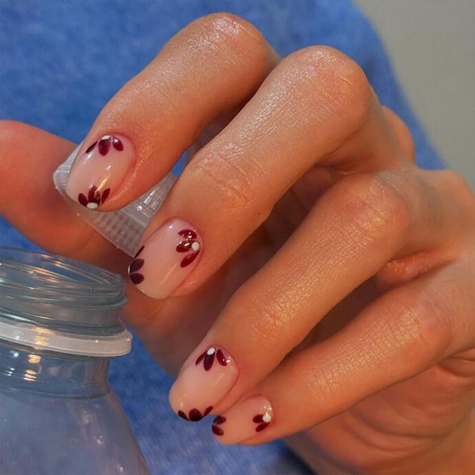 Subtle Dark Floral Nude Nails — Winter Nail Art