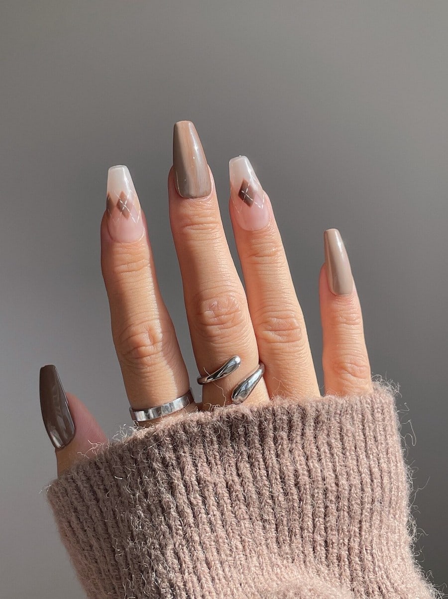 Sheer Nude Argyle Pattern Coffin Nails Sheer Nude Argyle Pattern Coffin Nails β Long Winter Coffin Nails