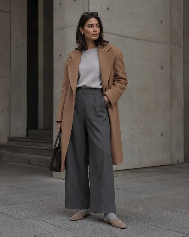 Sophisticated Streetwear with a Camel Wool Coat and Grey Trousers — Winter Streetwear Outfits