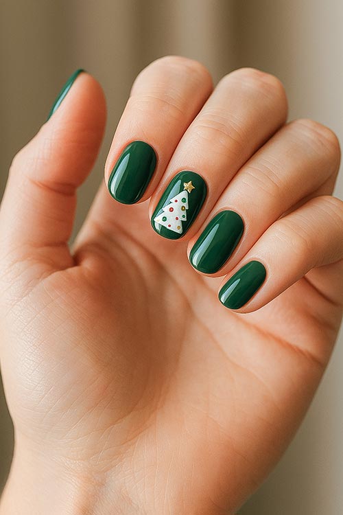 Short Oval Green with Christmas Tree Art — Green Christmas Nails 2026