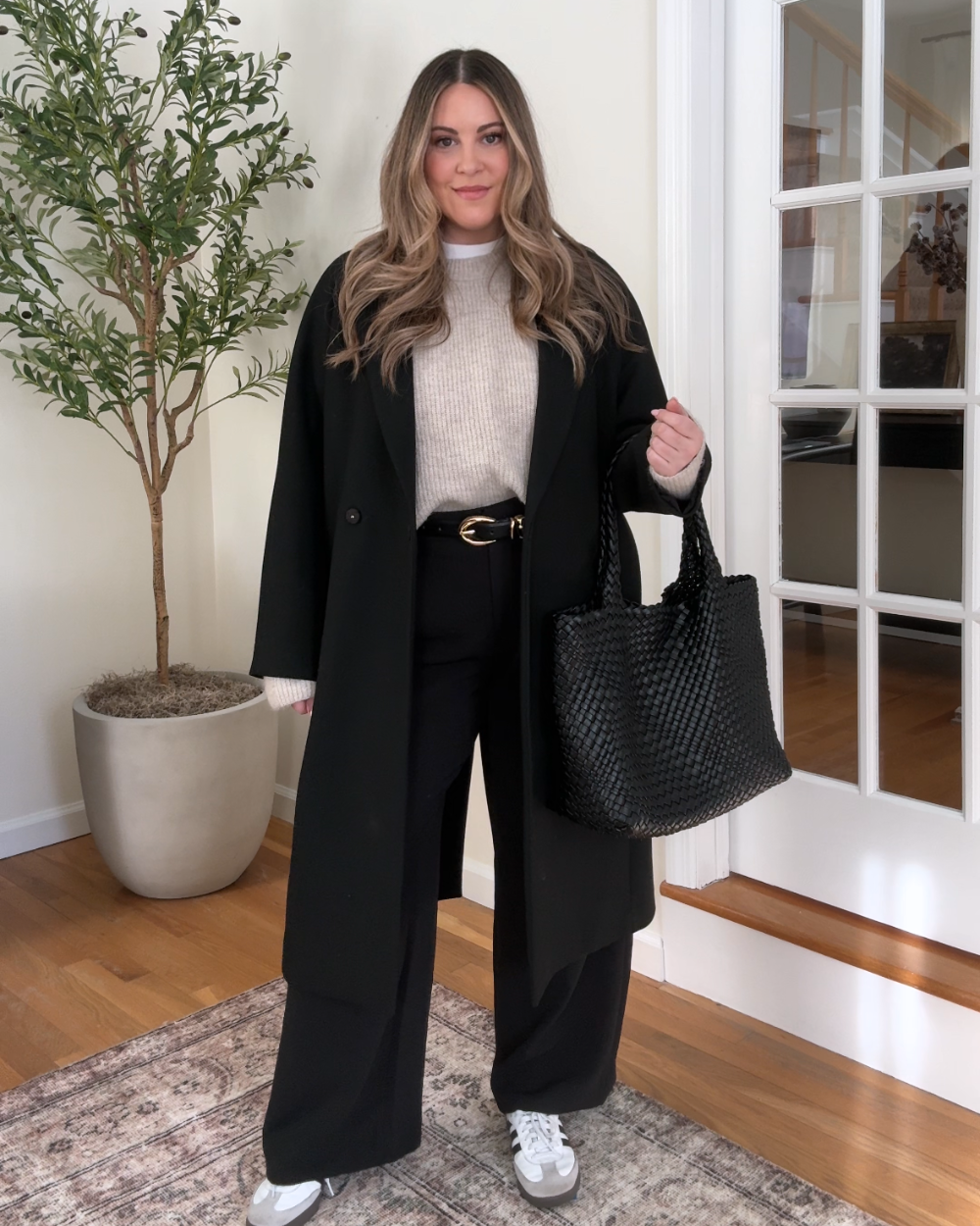 Long Black Wool Coat with White Sneakers — Cold Weather Outfits