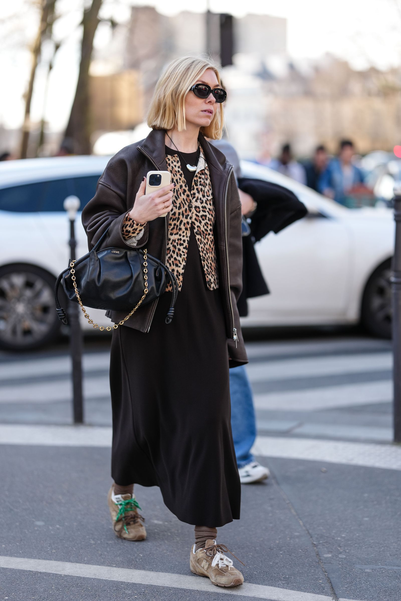 Leather Jacket, Leopard Vest, and Midi Dress with Beige Sneakers — Winter Outfits with Sneakers