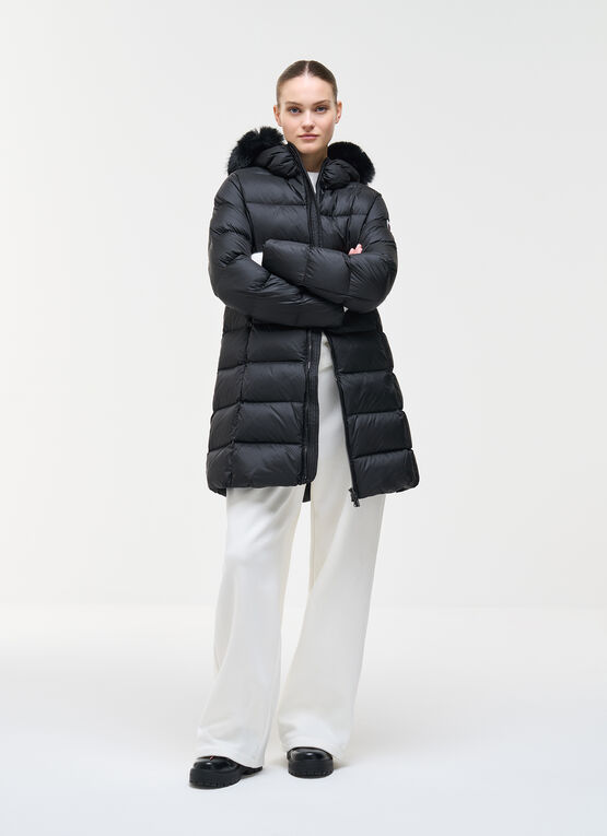 Fur-Trimmed Hood Long Black Puffer Coat — Long Puffer Coat Outfits
