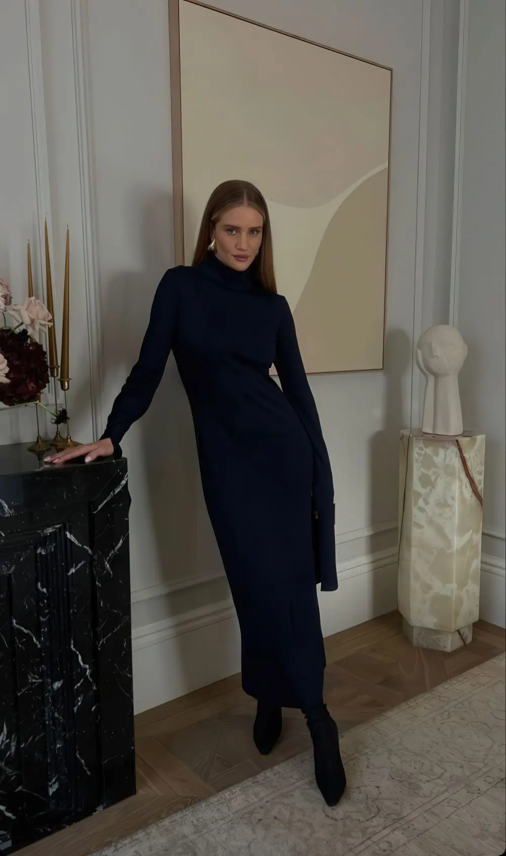 Elegant Navy Knit Turtleneck Dress with Black Boots — Old Money Winter Outfits