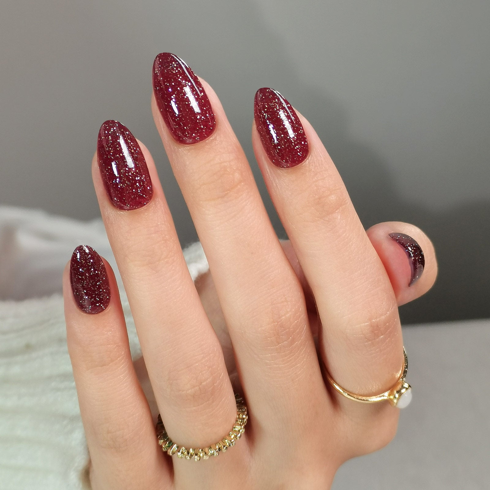Deep Wine Red Glitter Oval Nails — Winter Date Night Nails