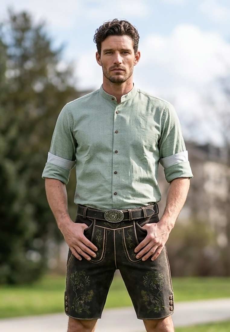 Embroidered Brown Leather Pants with Light Green Shirt and Dress Shoes — Leather Pants Outfits