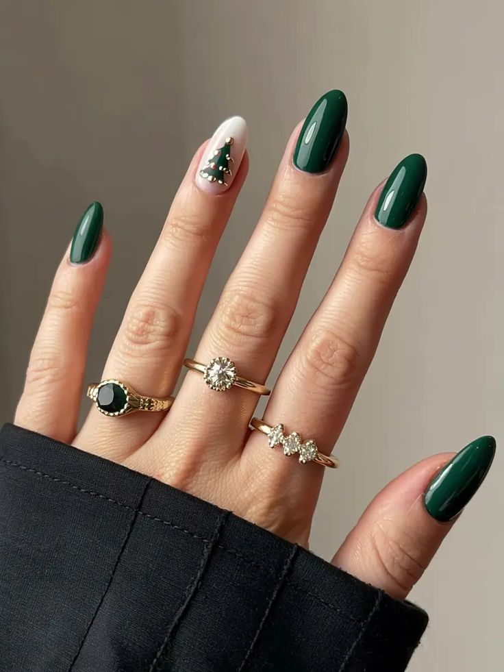 Forest Green Almond with Delicate Christmas Tree Art — Green Christmas Nails 2026