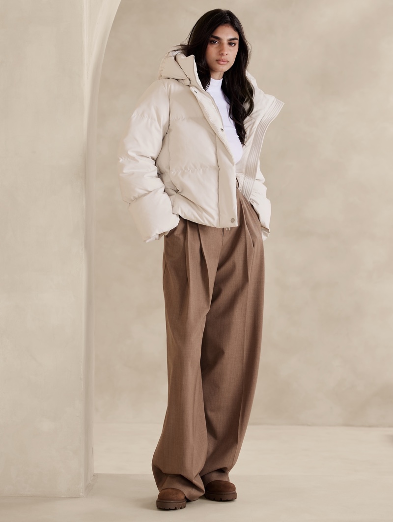 Cozy Cream Puffer Jacket with Wide-Leg Trousers — Minimalist Winter Outfits