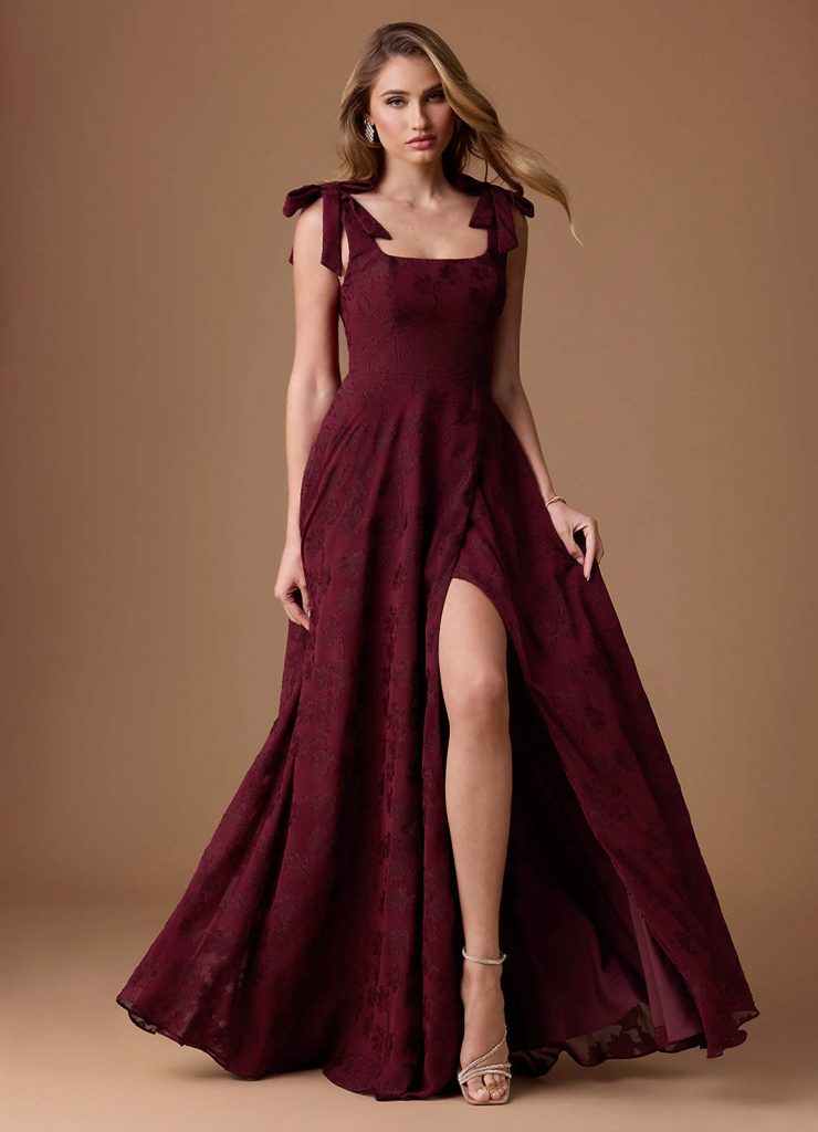 Burgundy Textured Maxi with High Slit and Bows — Winter Formal Dresses