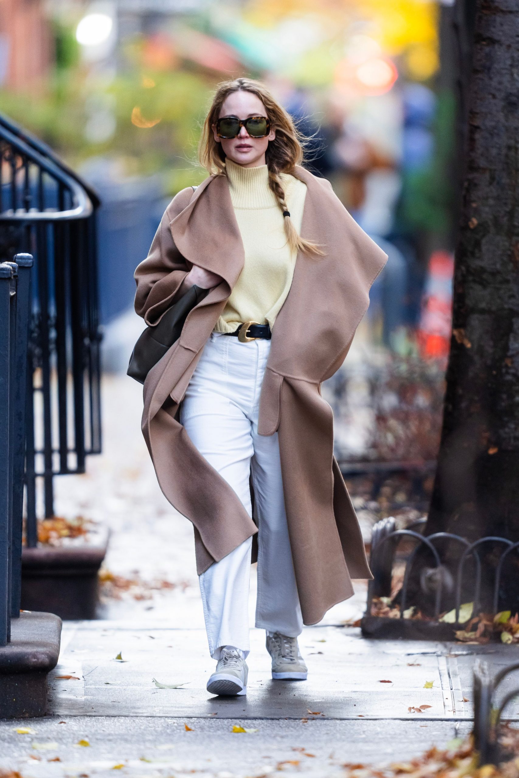 Oversized Camel Coat With Yellow Turtleneck And Wide-Leg Pants — Camel Coat Outfits