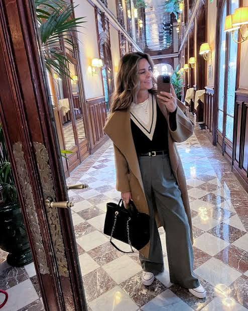 Classic Camel Coat with Wide-Leg Trousers and Sneakers — Winter Travel Outfits