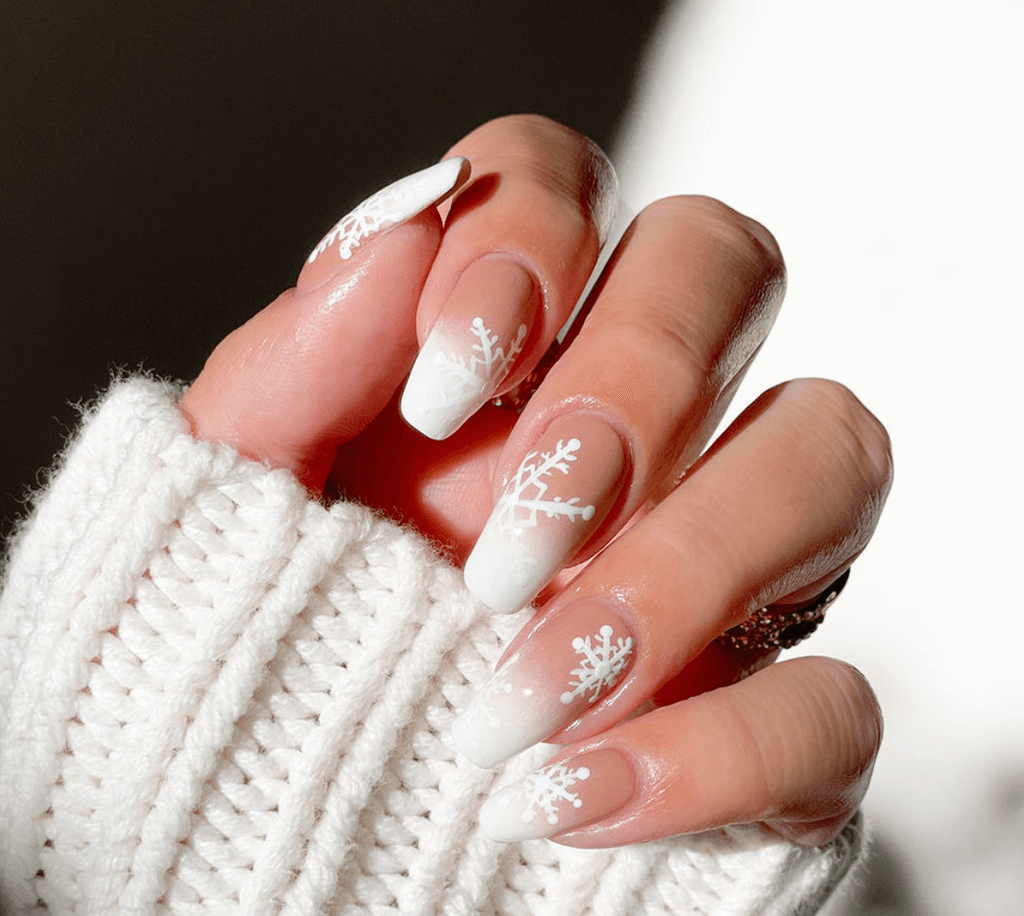 Nude to White Ombre Snowflake Nails Nude to White Ombre Snowflake Nails β Medium Christmas Nails 2026