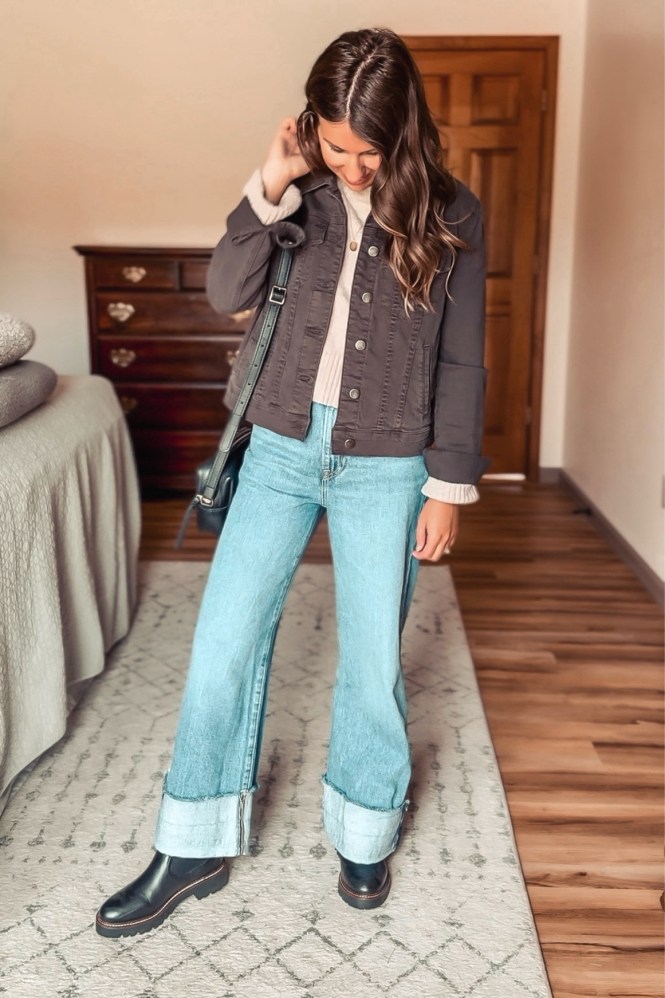 Cuffed Hems: Brown Denim Jacket with Cream Sweater — Winter Outfits with Wide Leg Jeans