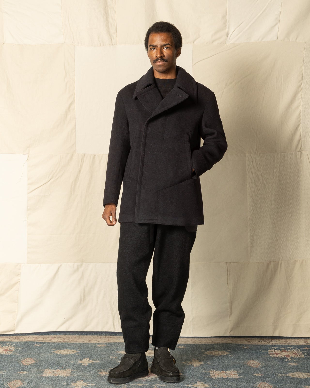 Black Double-Breasted Peacoat with Crewneck and Loafers Black Double-Breasted Peacoat with Crewneck and Loafers β Peacoat Outfits