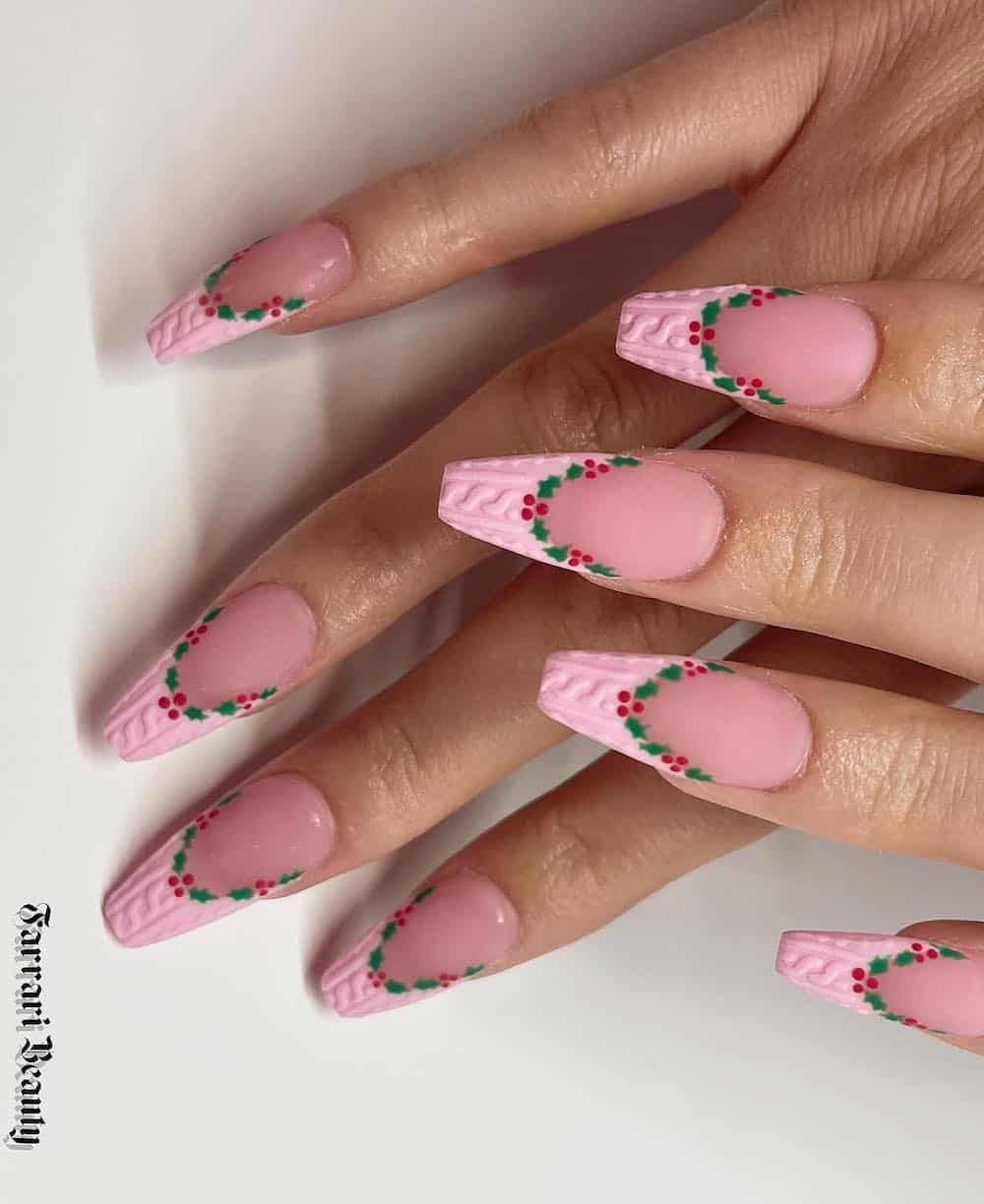 Pale Pink Wreath French Tip Coffin Nails Pale Pink Wreath French Tip Coffin Nails β Long Winter Coffin Nails