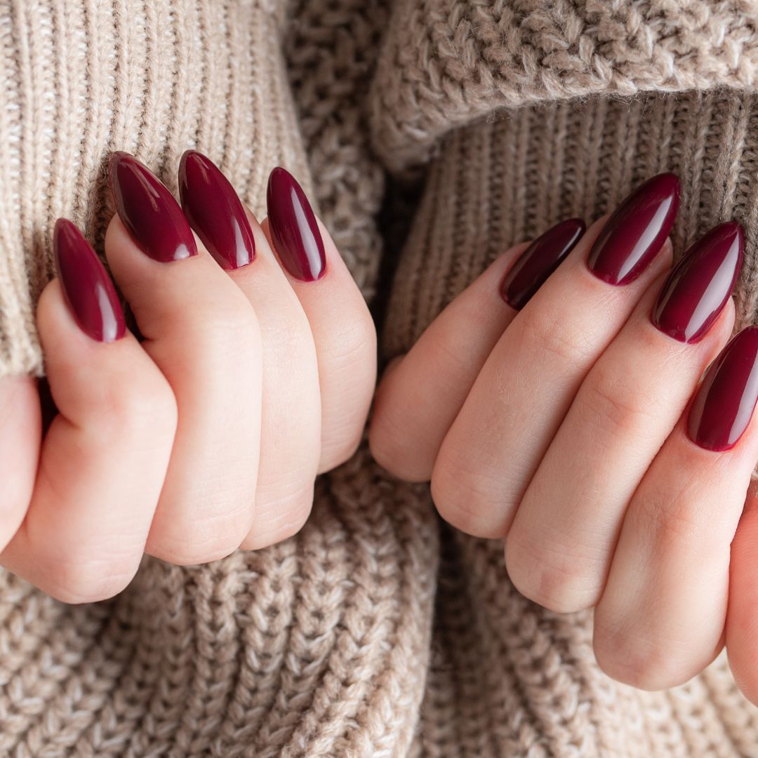 None Deep Burgundy Glossy Stiletto Nails None Deep Burgundy Glossy Stiletto Nails β Winter Nail Colors