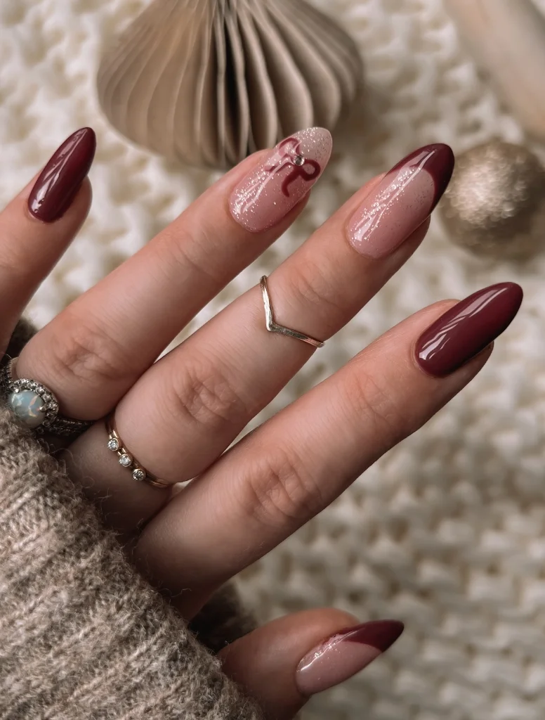 Long Almond Glitter Bow French Tips Long Almond Glitter Bow French Tips β Winter Bow Nails