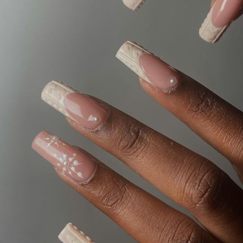 Medium Square Nude White Cable Knit — Sweater Nails