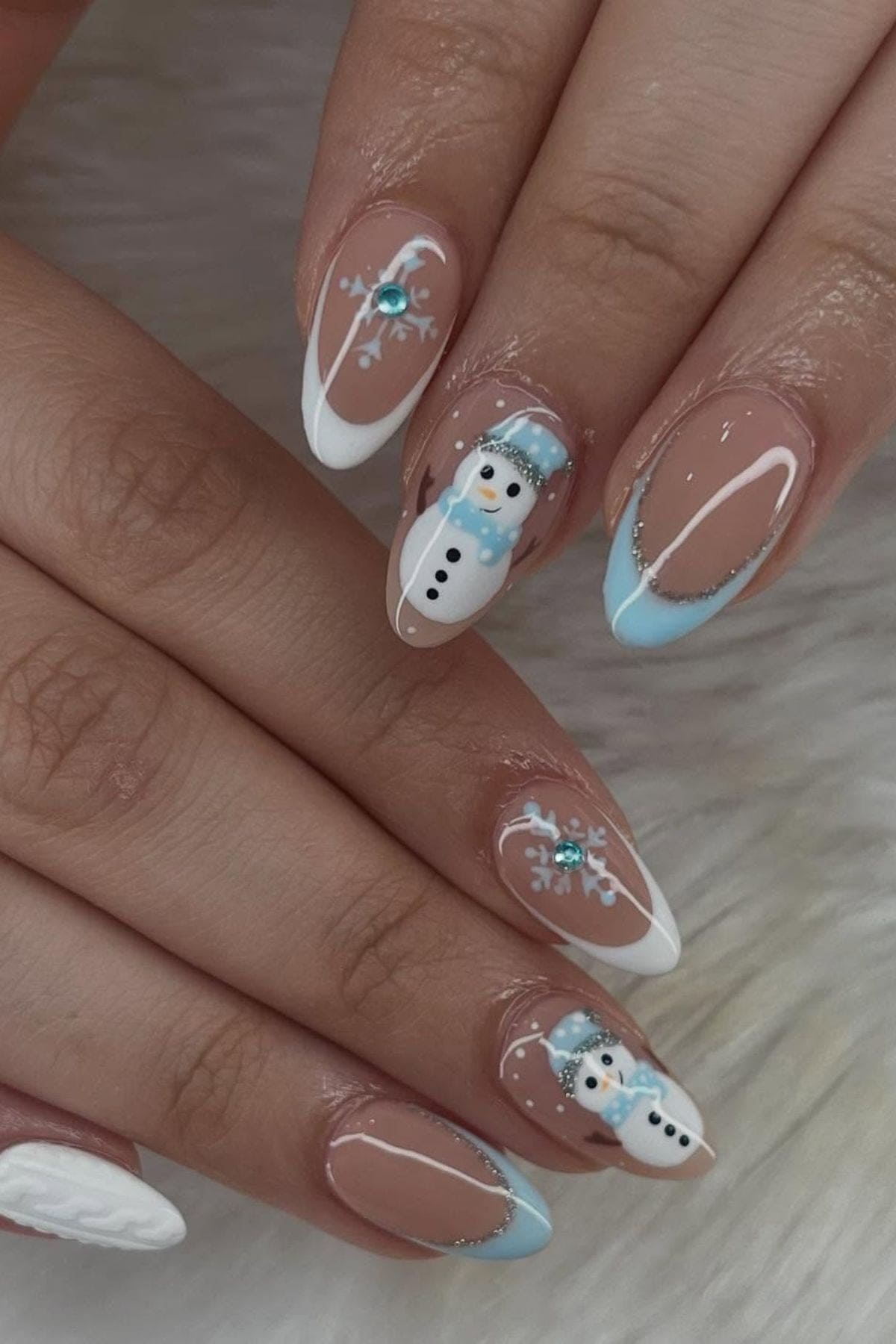 Nude Snowman French Accent Nails — Winter Acrylic Nails