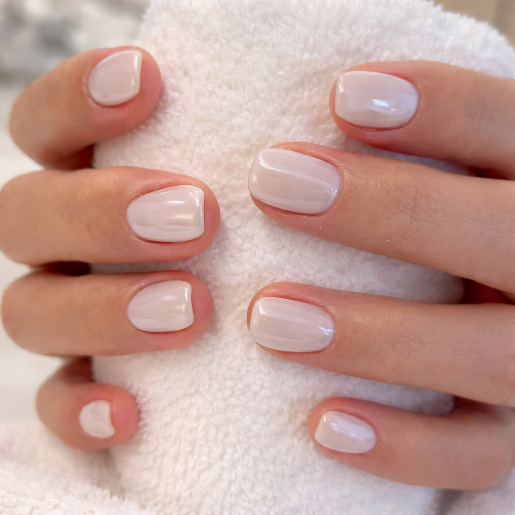 Pale Milky White Shimmer Nails Pale Milky White Shimmer Nails β Short Winter Square Nails