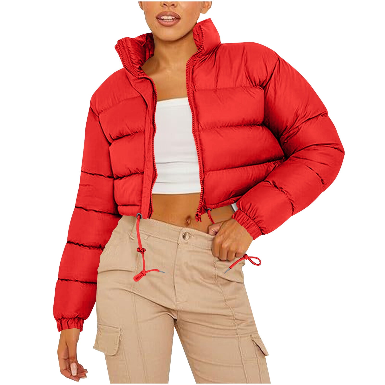 Vibrant Red Cropped Puffer Jacket with Drawstring Hem for Trendy Style — Winter Jackets for Women
