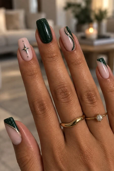 Sheer Pink & Dark Green Glitter French Nails — Cozy Winter Nails