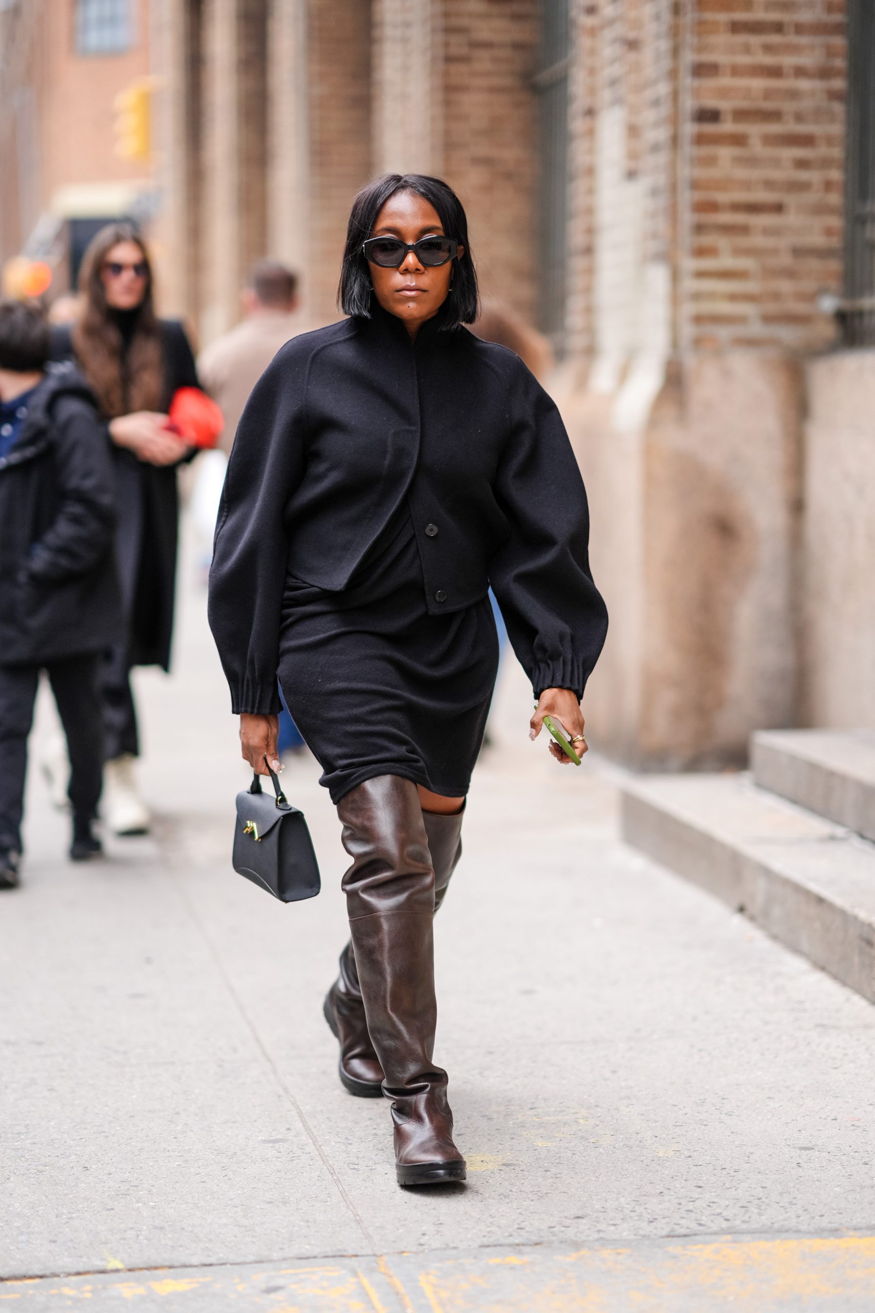 Voluminous Sleeve Jacket with Black Dress and Dark Brown Leather Over-the-Knee Boots — Over the Knee Boots Outfits
