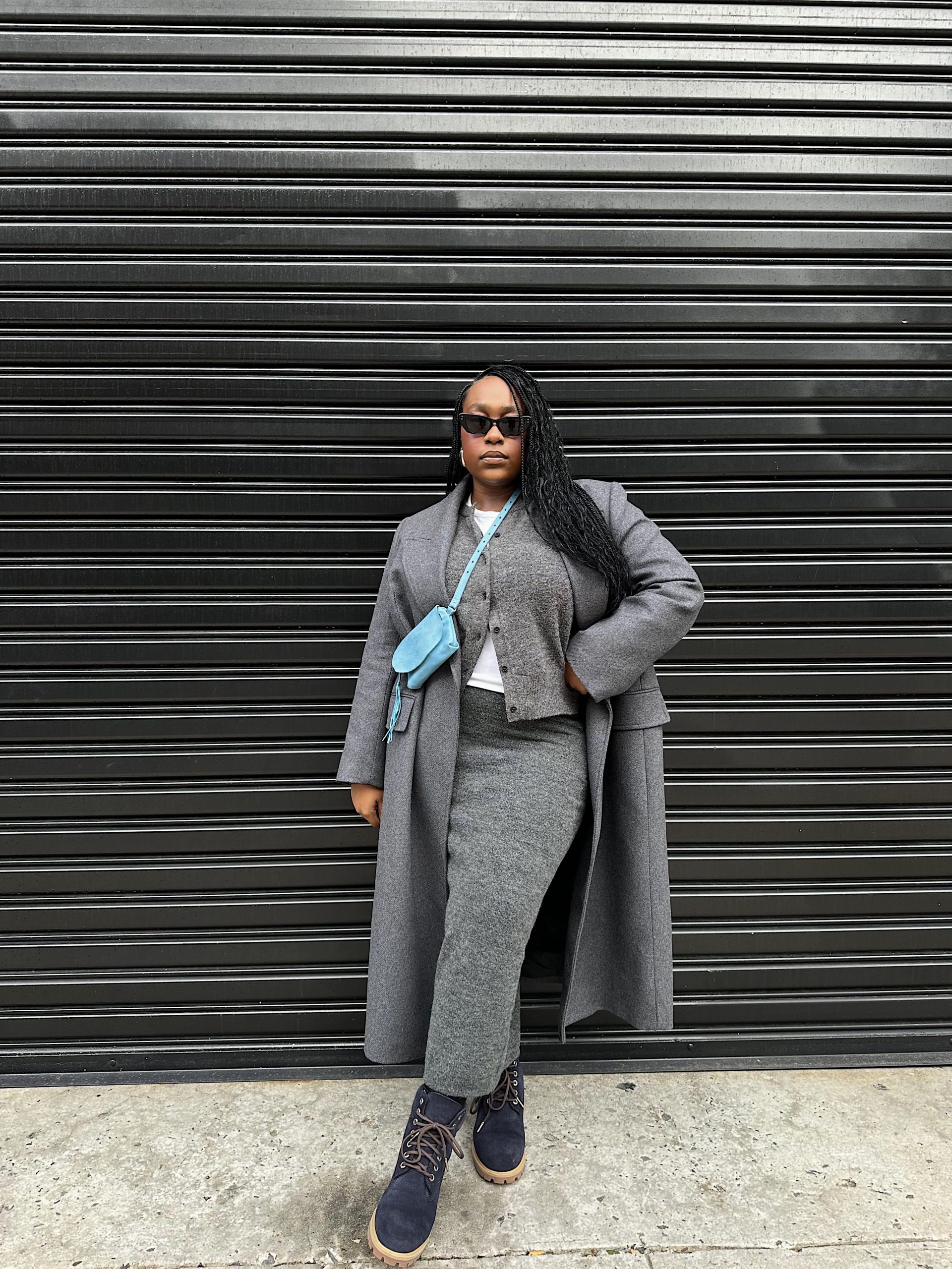 Monochromatic Chic: Navy Boots with Grey Maxi Skirt and Coat — Timberland Boots Outfits