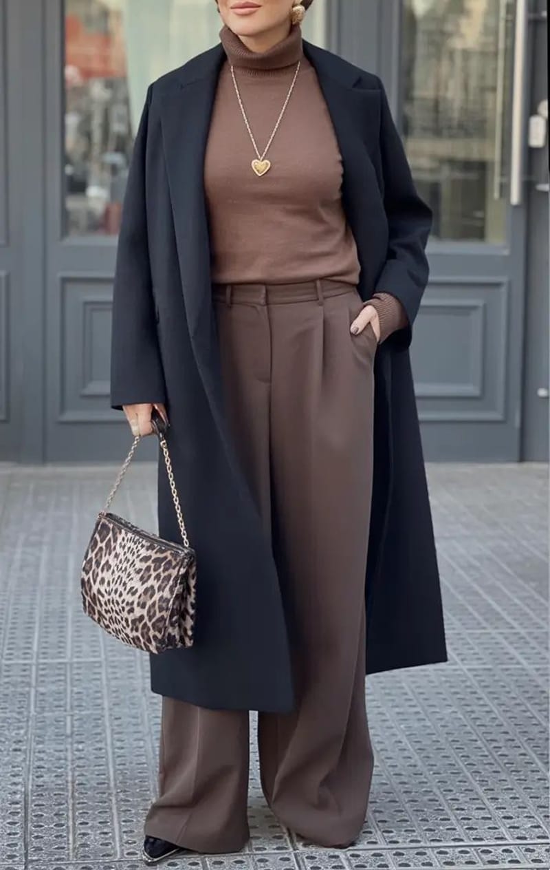 Black Oversized Coat with Brown Turtleneck and Wide-Leg Trousers — Winter Puffer Jacket Outfits