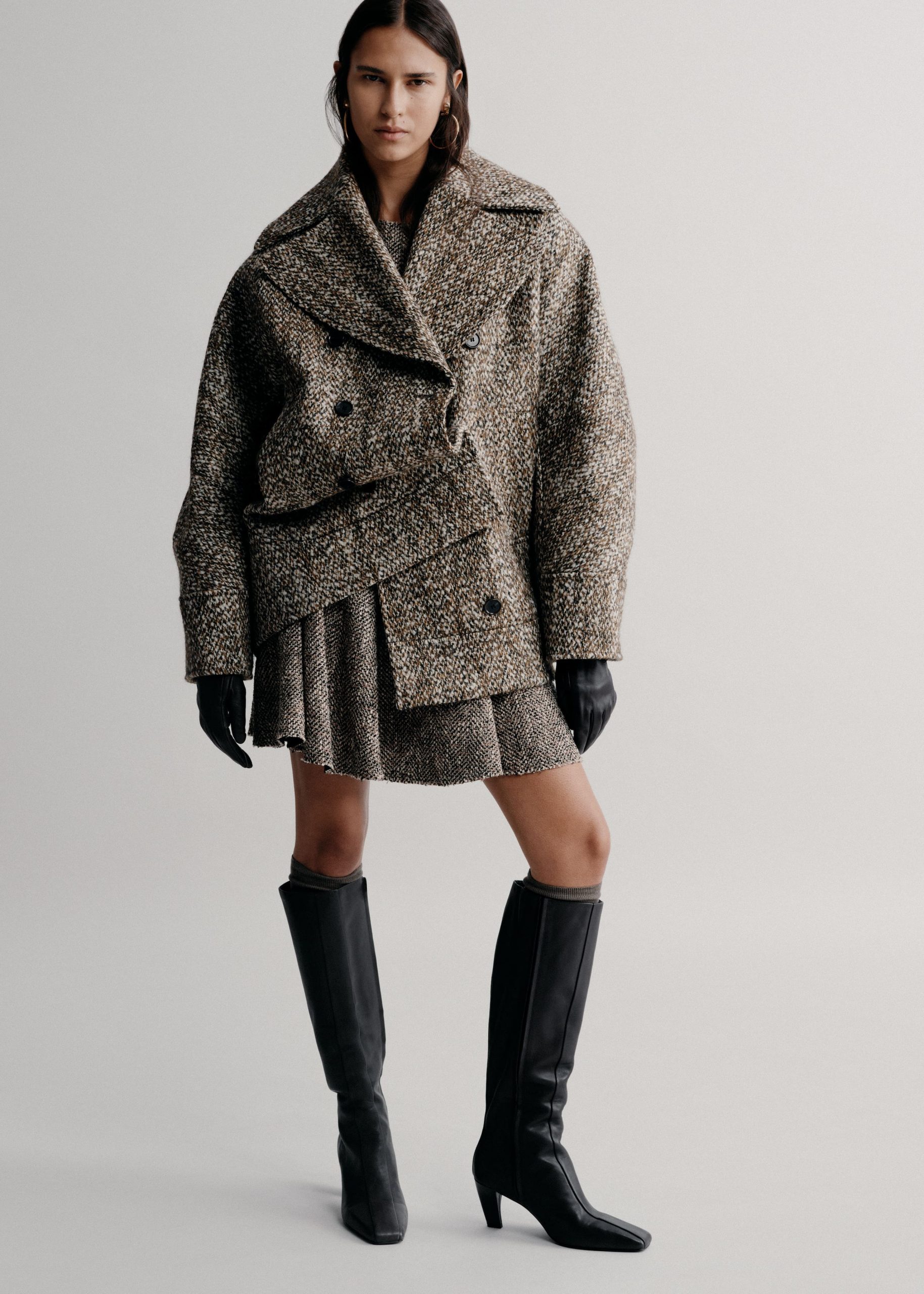 Oversized Brown and Grey Tweed Jacket with Mini Skirt — Winter Coats for Women