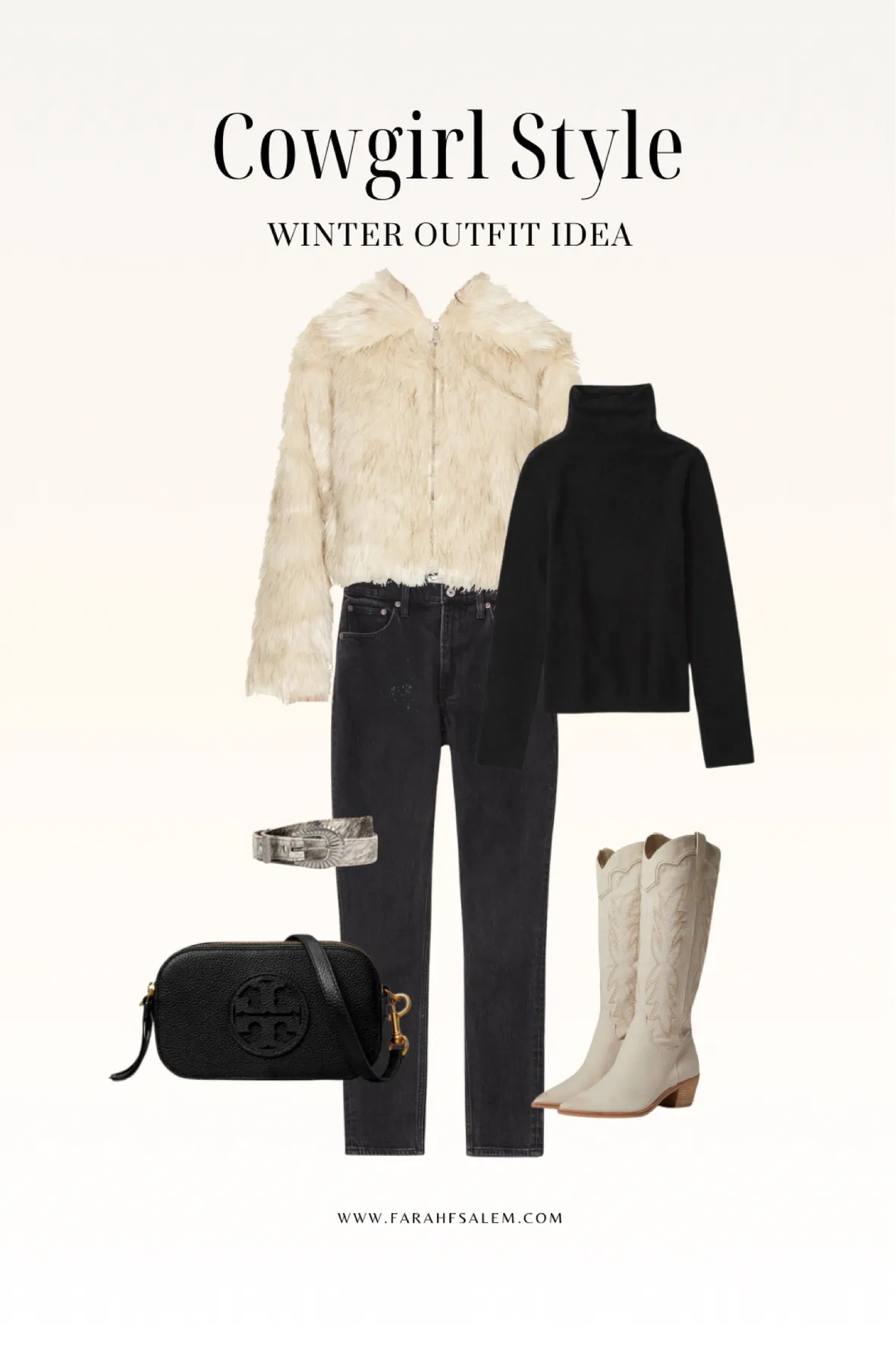 Cream Faux Fur Jacket with White Cowboy Boots — Western Winter Outfits