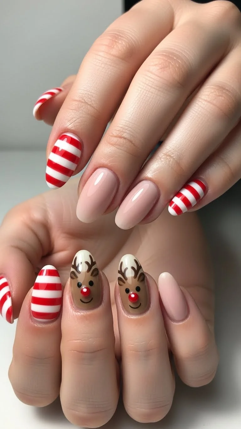 Nude Base with Reindeer and Candy Cane — Winter Nails for Teens
