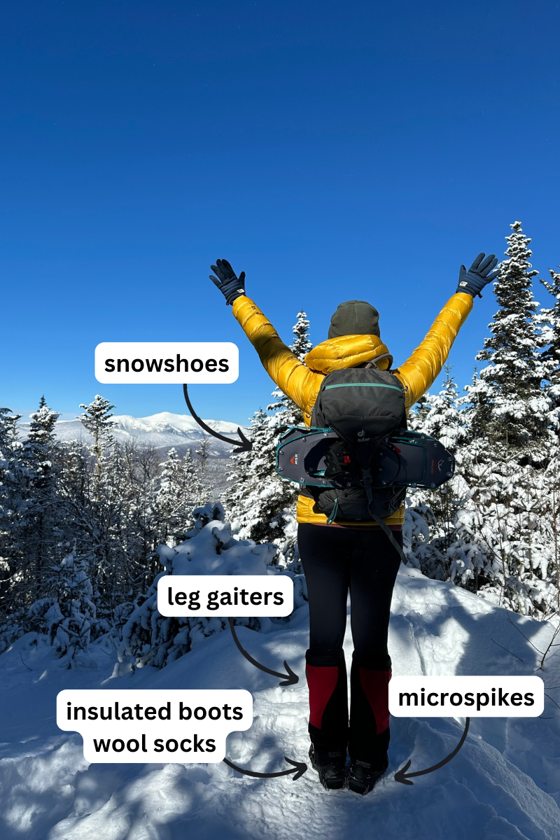 Yellow Puffer Jacket with Red Leg Gaiters for Peak Hikes Yellow Puffer Jacket with Red Leg Gaiters for Peak Hikes β Winter Hiking Outfits