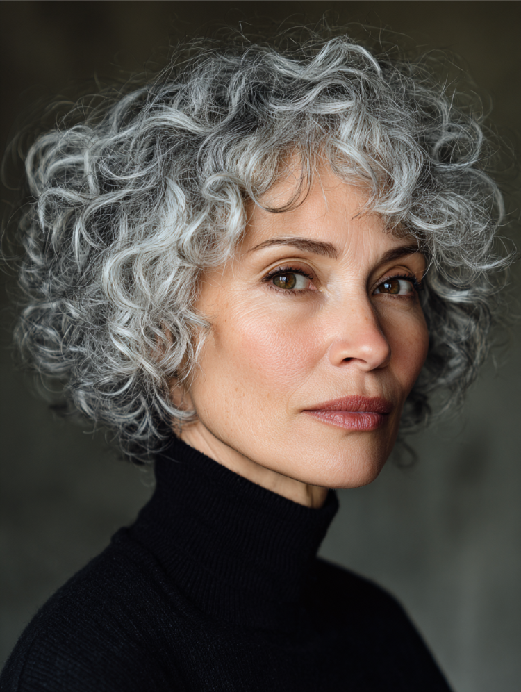 Short Layered Bob With Gray Curls Short Layered Bob With Gray Curls β Winter Haircuts for Gray Hair